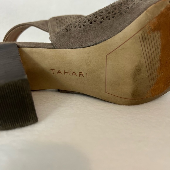 Tahari Size 7 1/2M Suede Taupe Perforated Open Toe Heeled Shoes - Picture 10 of 16